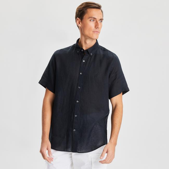  Nautica Erkek Siyah Classic Fit Kısa Kollu Keten Gömlek