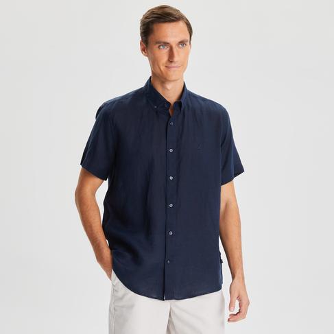 Nautica Erkek Lacivert Classic Fit Kısa Kollu Keten Gömlek