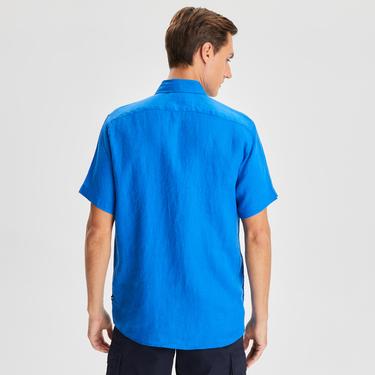  Nautica Erkek Mavi Classic Fit Kısa Kollu Keten Gömlek