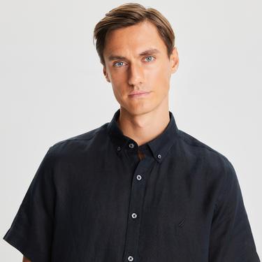 Nautica Erkek Siyah Classic Fit Kısa Kollu Keten Gömlek