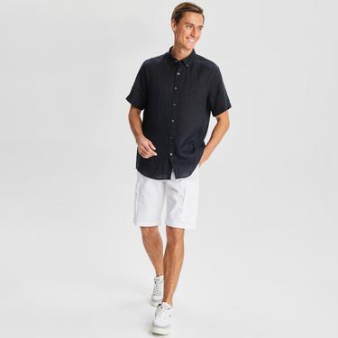  Nautica Erkek Siyah Classic Fit Kısa Kollu Keten Gömlek