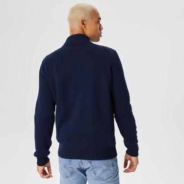  Lacoste Erkek Dik Yaka Renk Bloklu Fermuarlı Lacivert Kazak