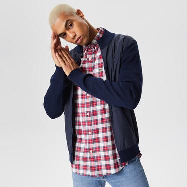  Lacoste Erkek Dik Yaka Renk Bloklu Fermuarlı Lacivert Kazak