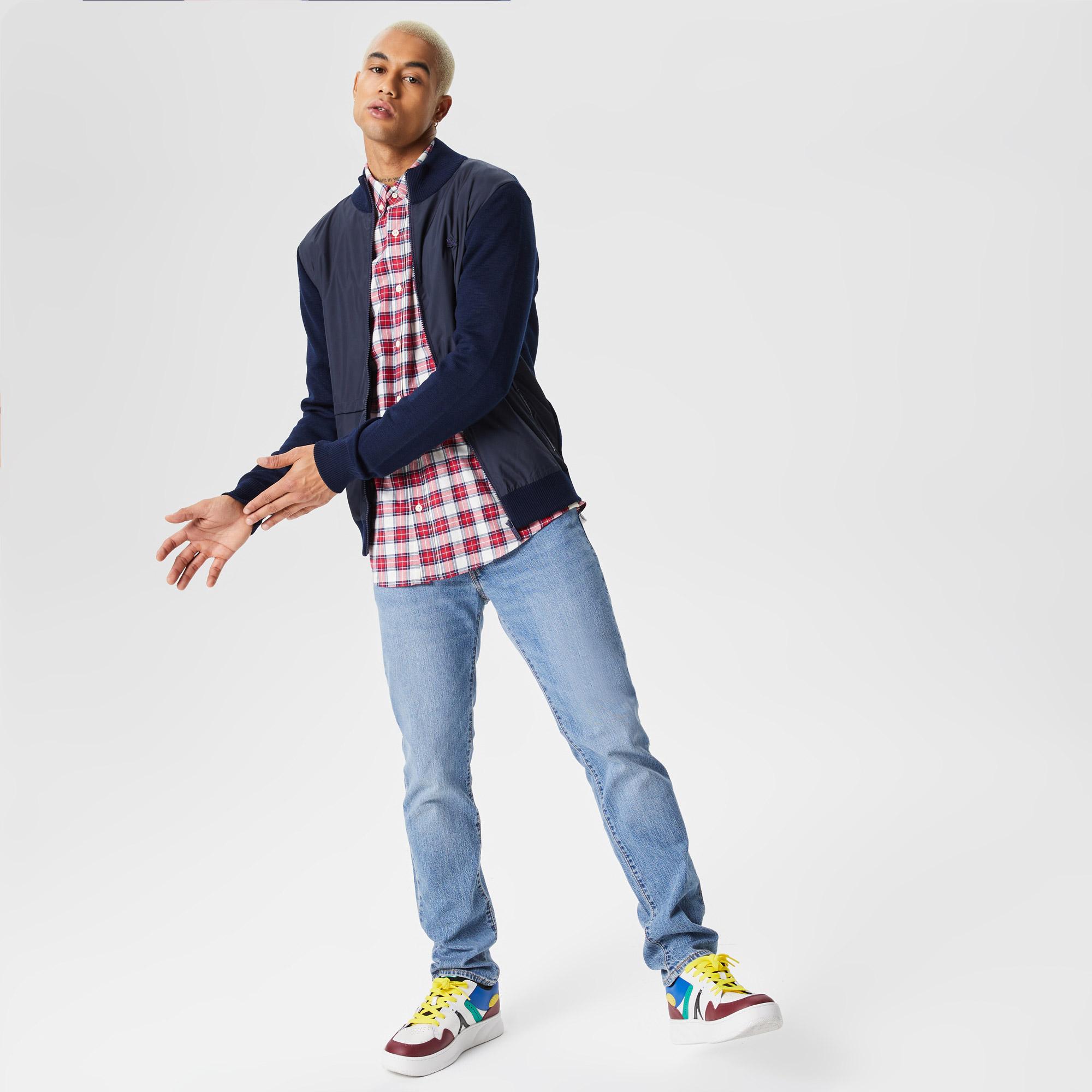 Lacoste Erkek Dik Yaka Renk Bloklu Fermuarlı Lacivert Kazak