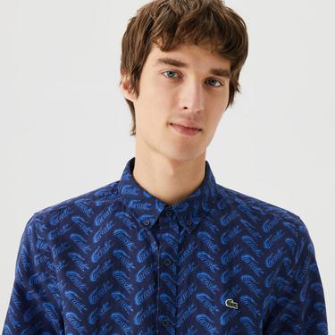  Erkek Regular Fit Düğmeli Yaka Desenli Lacivert Gömlek