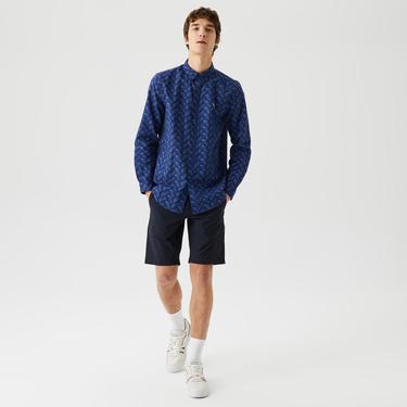  Erkek Regular Fit Düğmeli Yaka Desenli Lacivert Gömlek