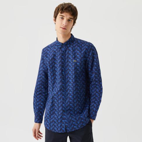  Erkek Regular Fit Düğmeli Yaka Desenli Lacivert Gömlek