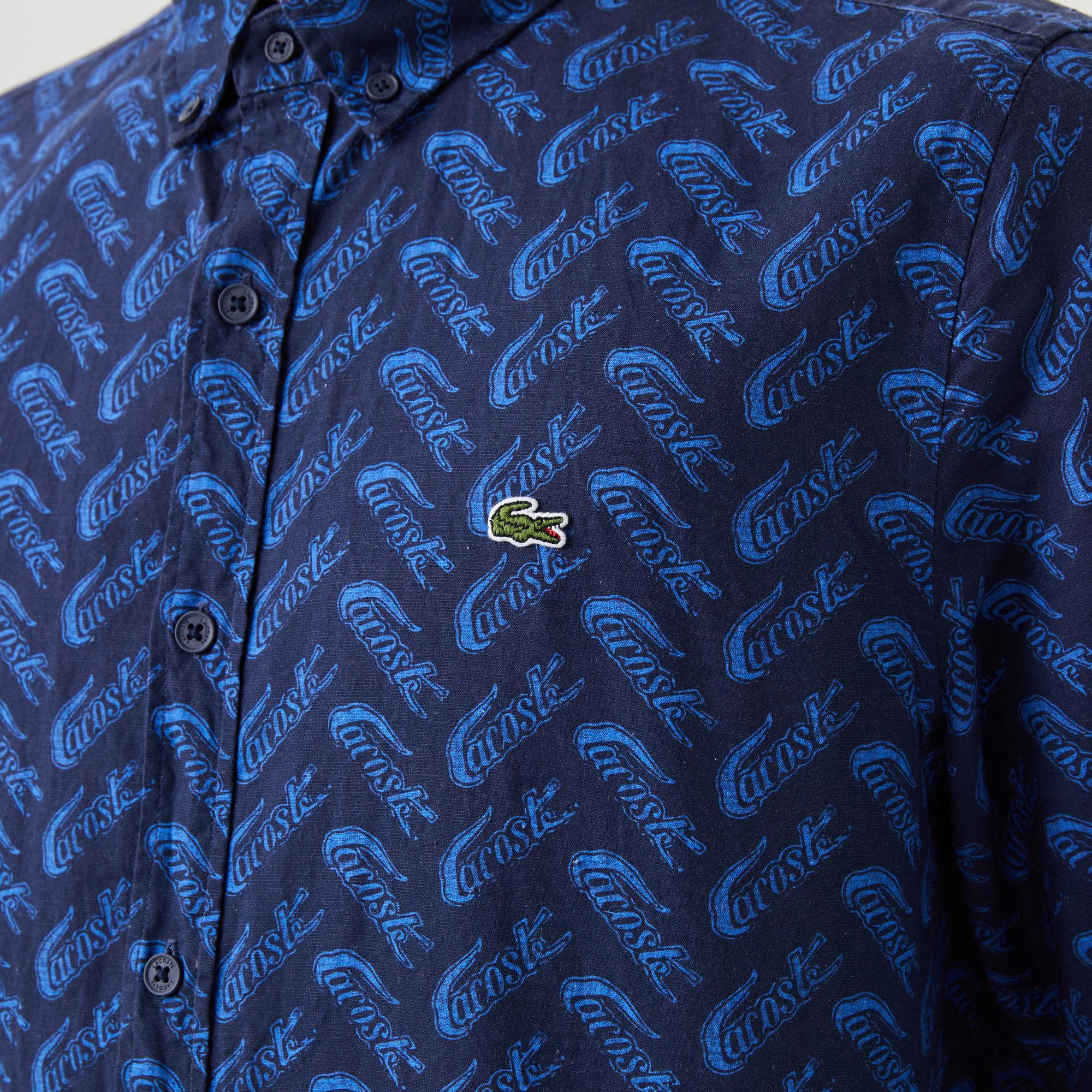 Erkek Regular Fit Düğmeli Yaka Desenli Lacivert Gömlek