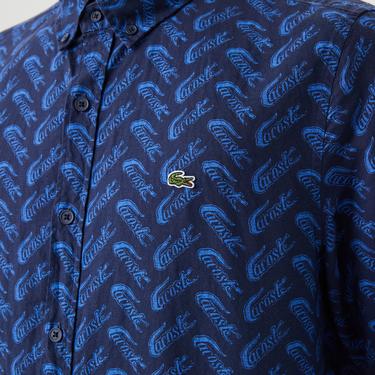  Erkek Regular Fit Düğmeli Yaka Desenli Lacivert Gömlek