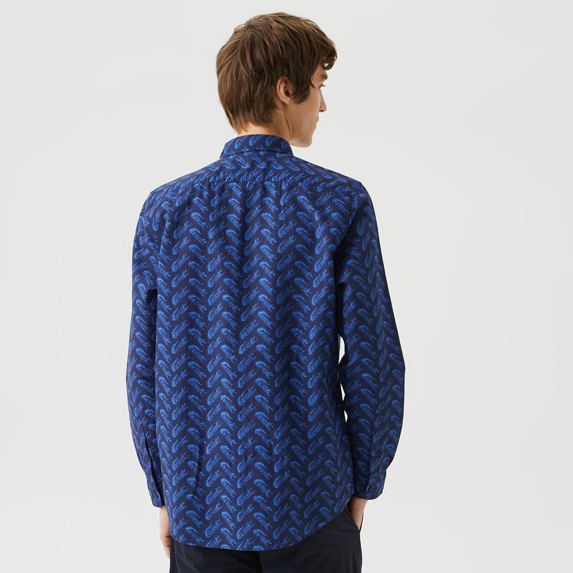 Erkek Regular Fit Düğmeli Yaka Desenli Lacivert Gömlek