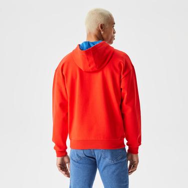 Erkek Relaxed Fit Kapüşonlu Baskılı Kırmızı Sweatshirt