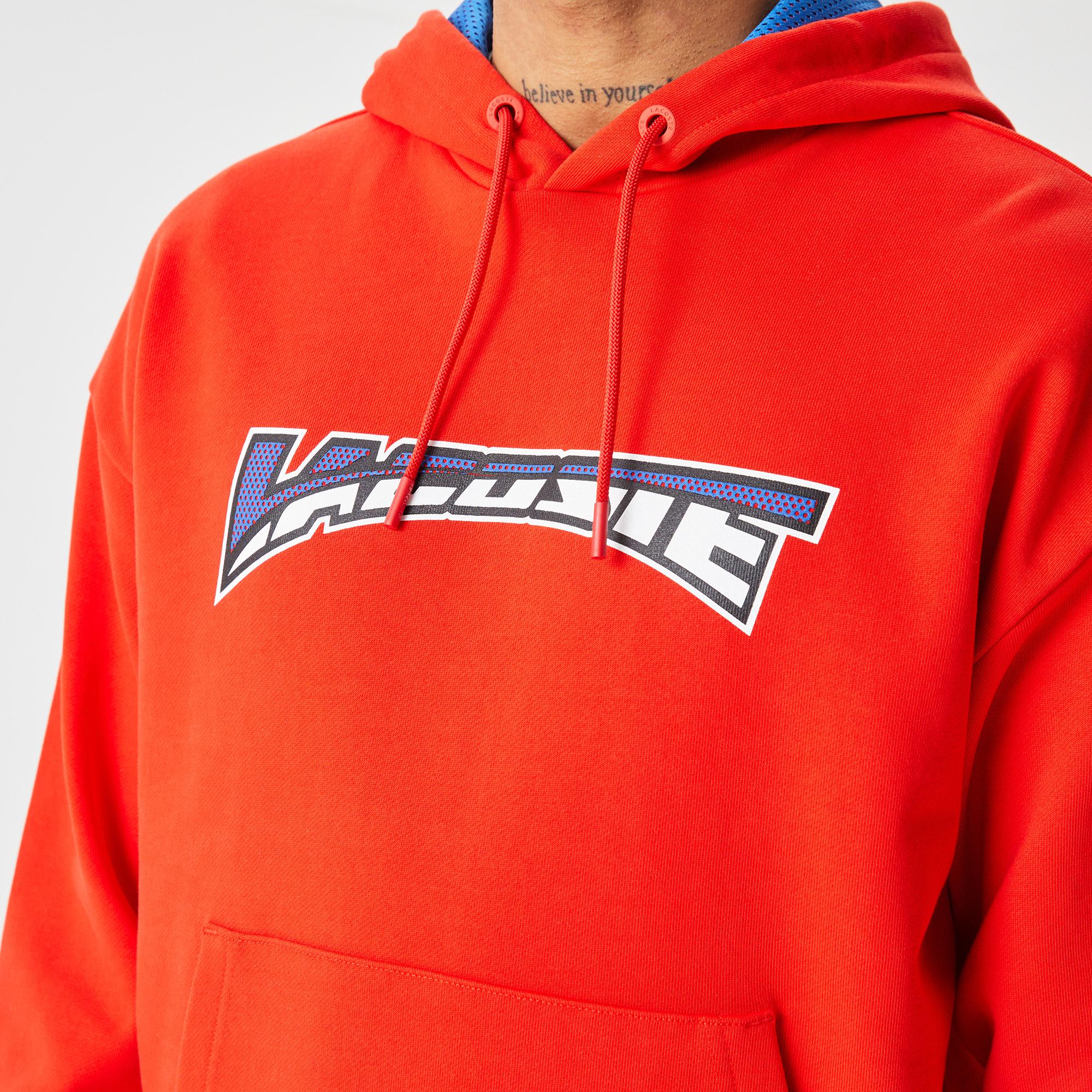 Erkek Relaxed Fit Kapüşonlu Baskılı Kırmızı Sweatshirt