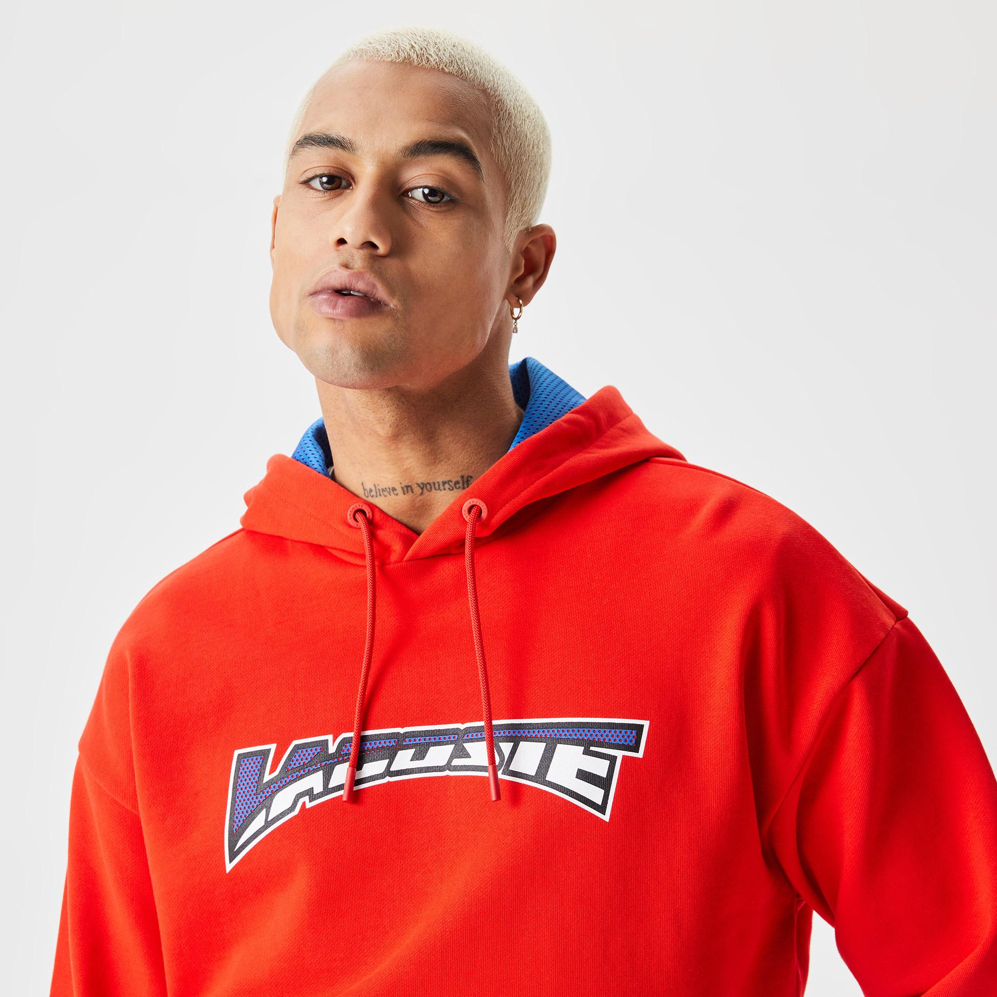 Erkek Relaxed Fit Kapüşonlu Baskılı Kırmızı Sweatshirt