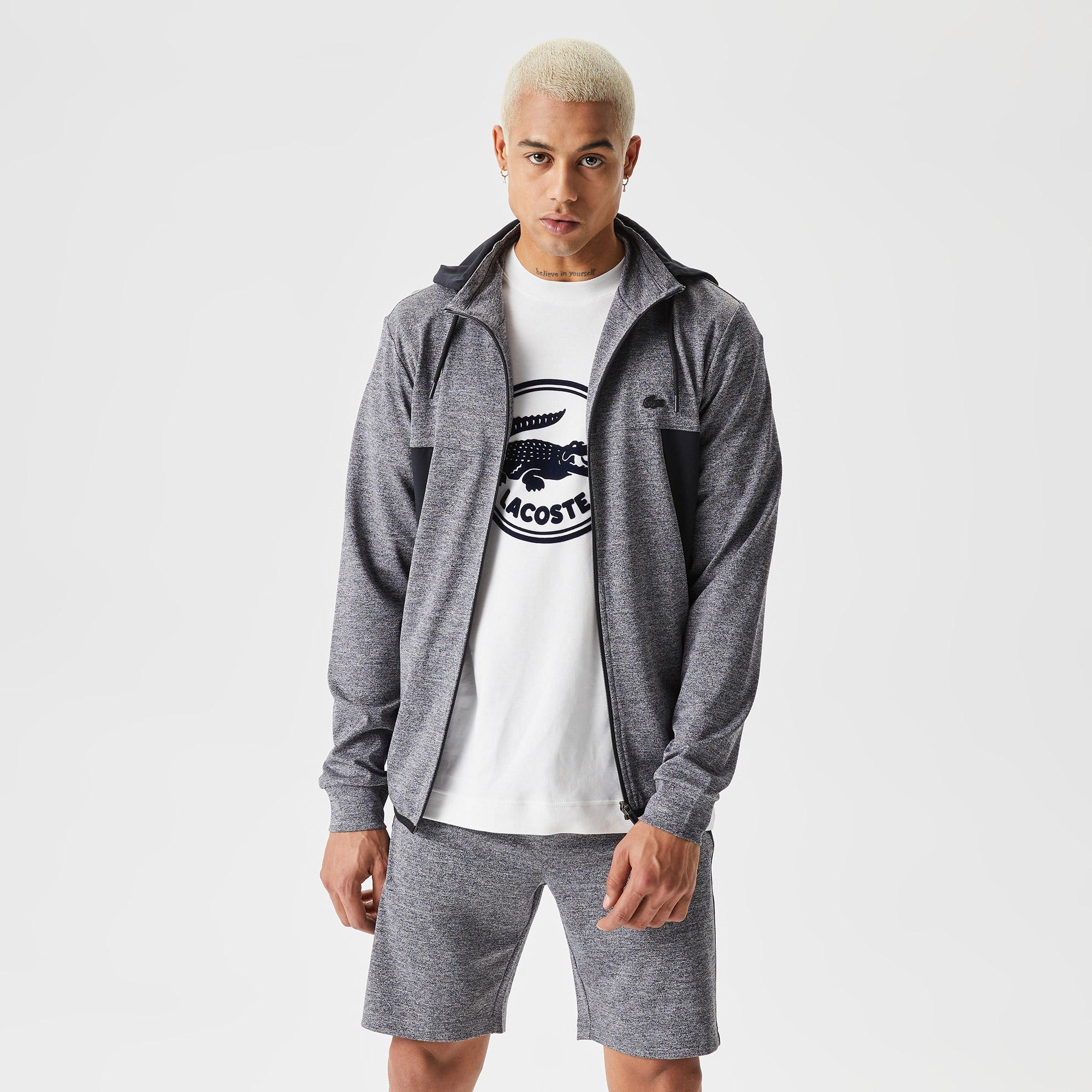 Erkek Slim Fit Kapüşonlu Desenli Gri Sweatshirt