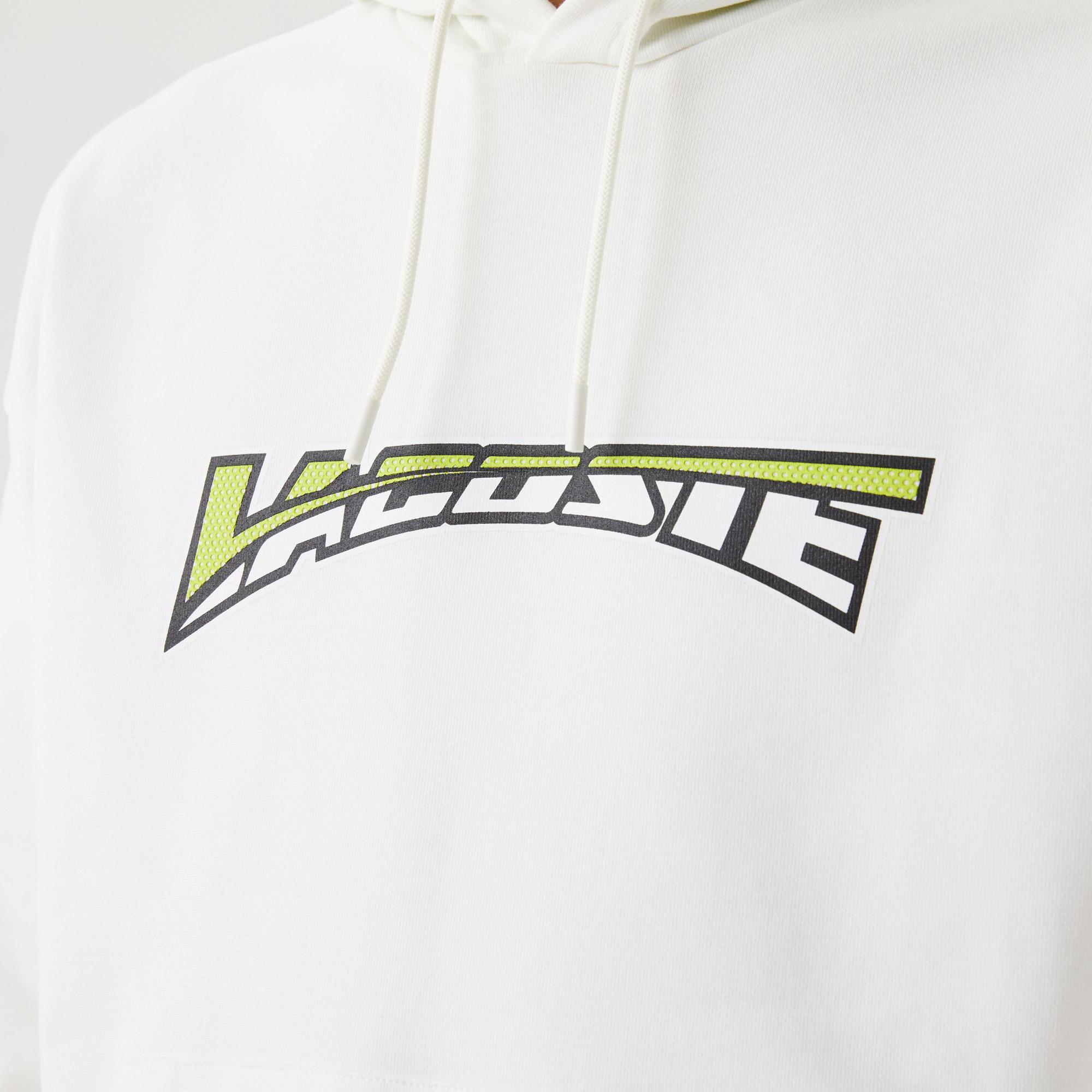 Erkek Relaxed Fit Kapüşonlu Baskılı Beyaz Sweatshirt