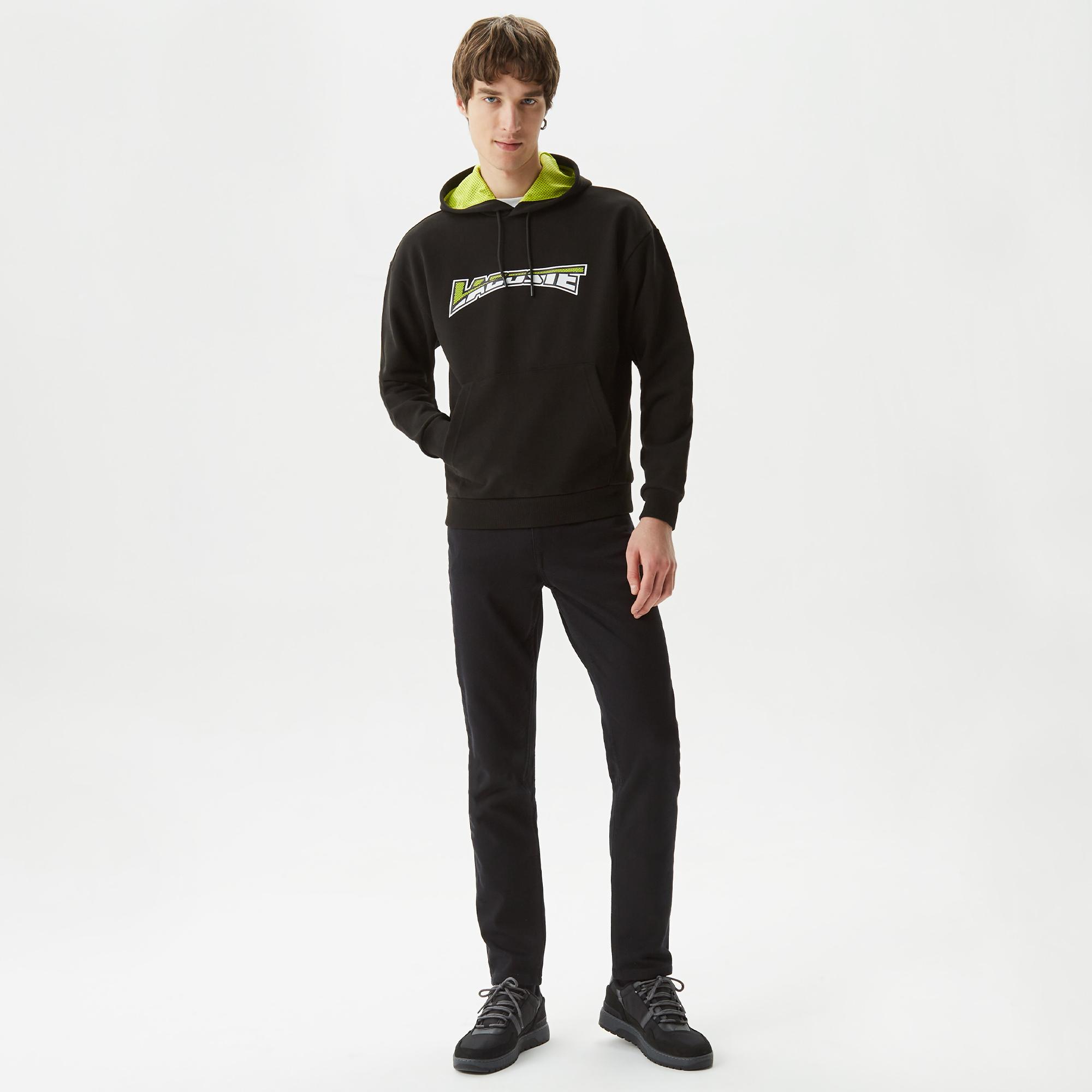 Erkek Relaxed Fit Kapüşonlu Baskılı Siyah Sweatshirt