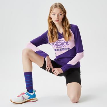  Lacoste Active Kadın Slim Fit Uzun Kollu Baskılı Mor Polo