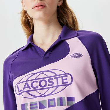  Lacoste Active Kadın Slim Fit Uzun Kollu Baskılı Mor Polo
