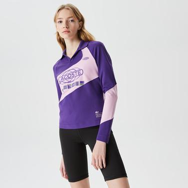  Lacoste Active Kadın Slim Fit Uzun Kollu Baskılı Mor Polo