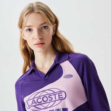  Lacoste Active Kadın Slim Fit Uzun Kollu Baskılı Mor Polo