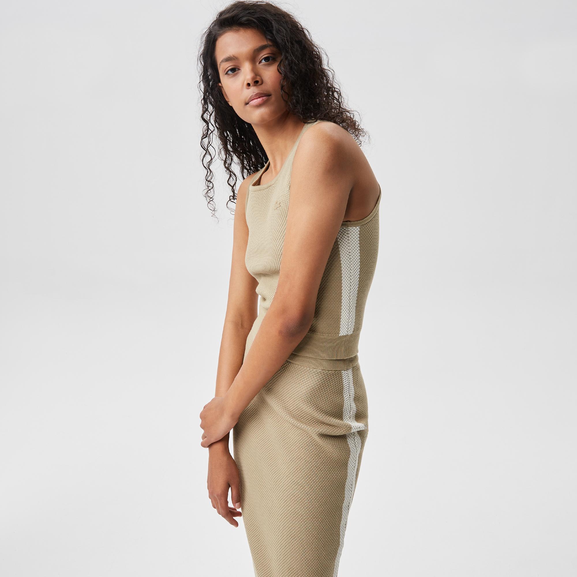 Kadın Slim Fit Askılı Bisiklet Yaka Renk Bloklu Krem Triko