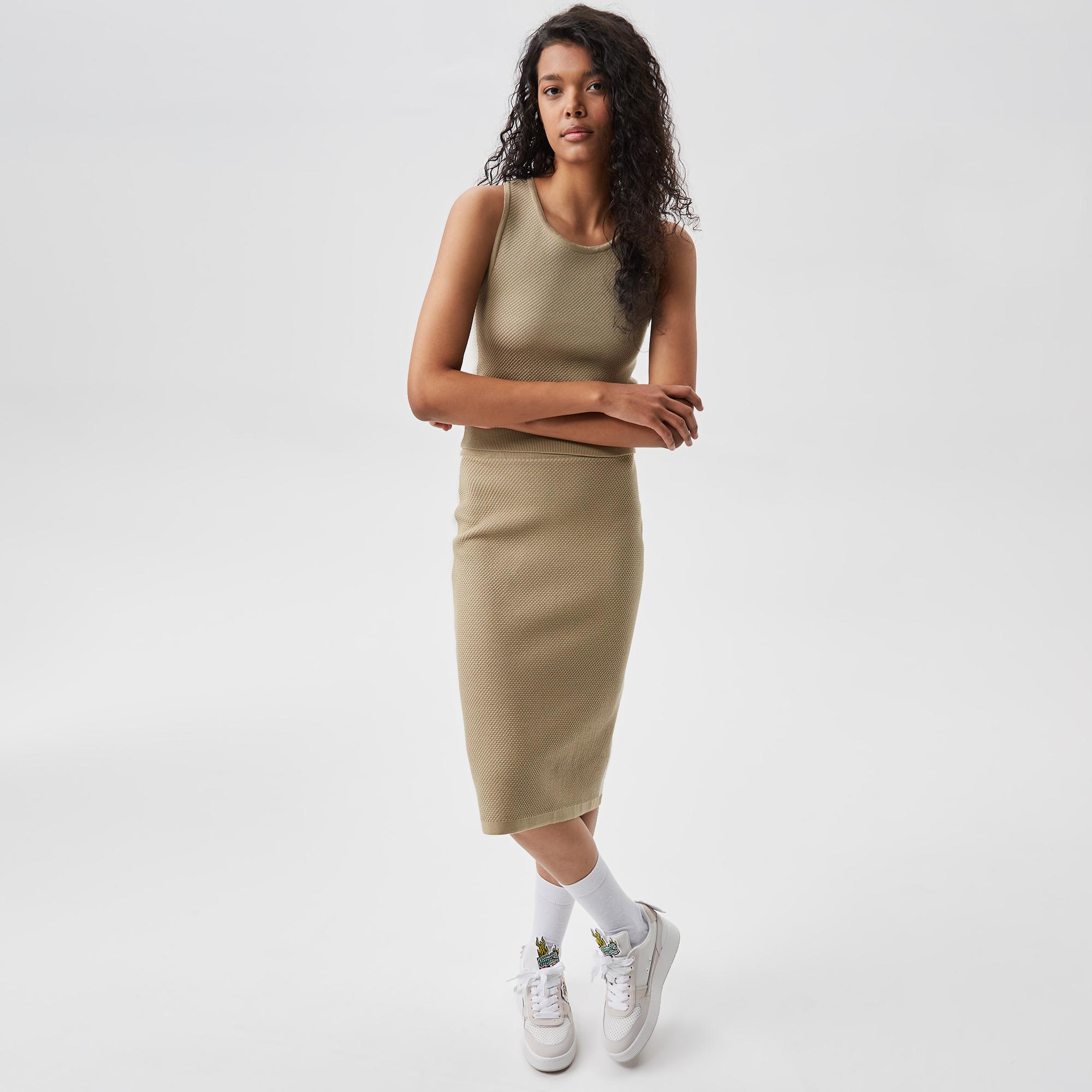 Kadın Slim Fit Askılı Bisiklet Yaka Renk Bloklu Krem Triko