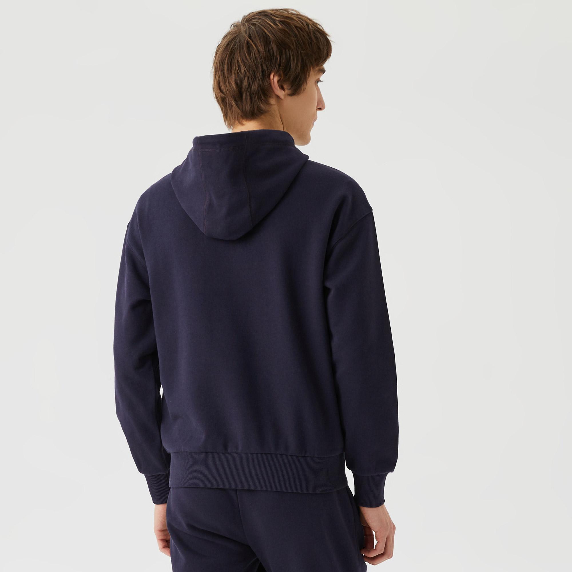 Unisex Relax Fit Kapüşonlu Baskılı Lacivert Sweatshirt