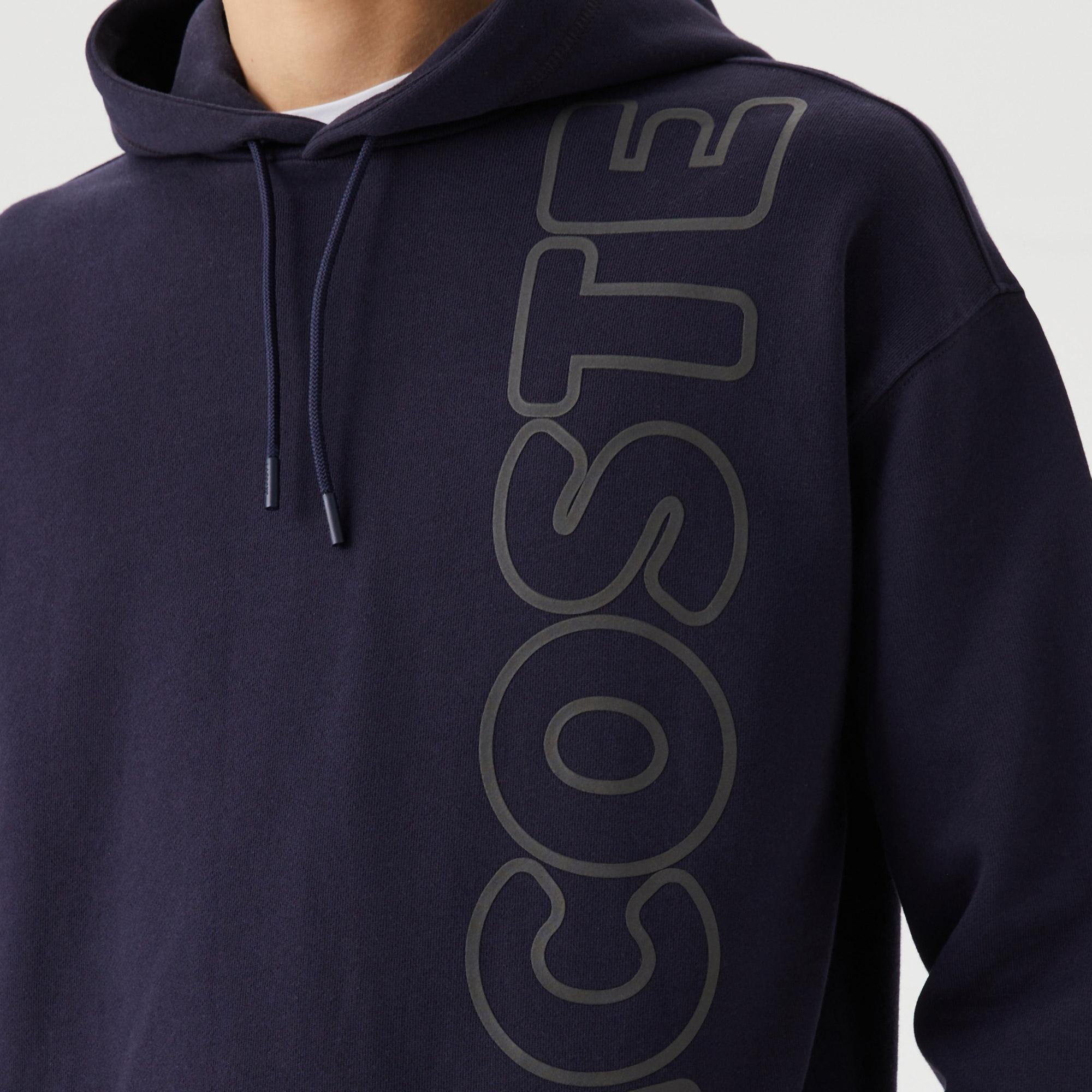 Unisex Relax Fit Kapüşonlu Baskılı Lacivert Sweatshirt