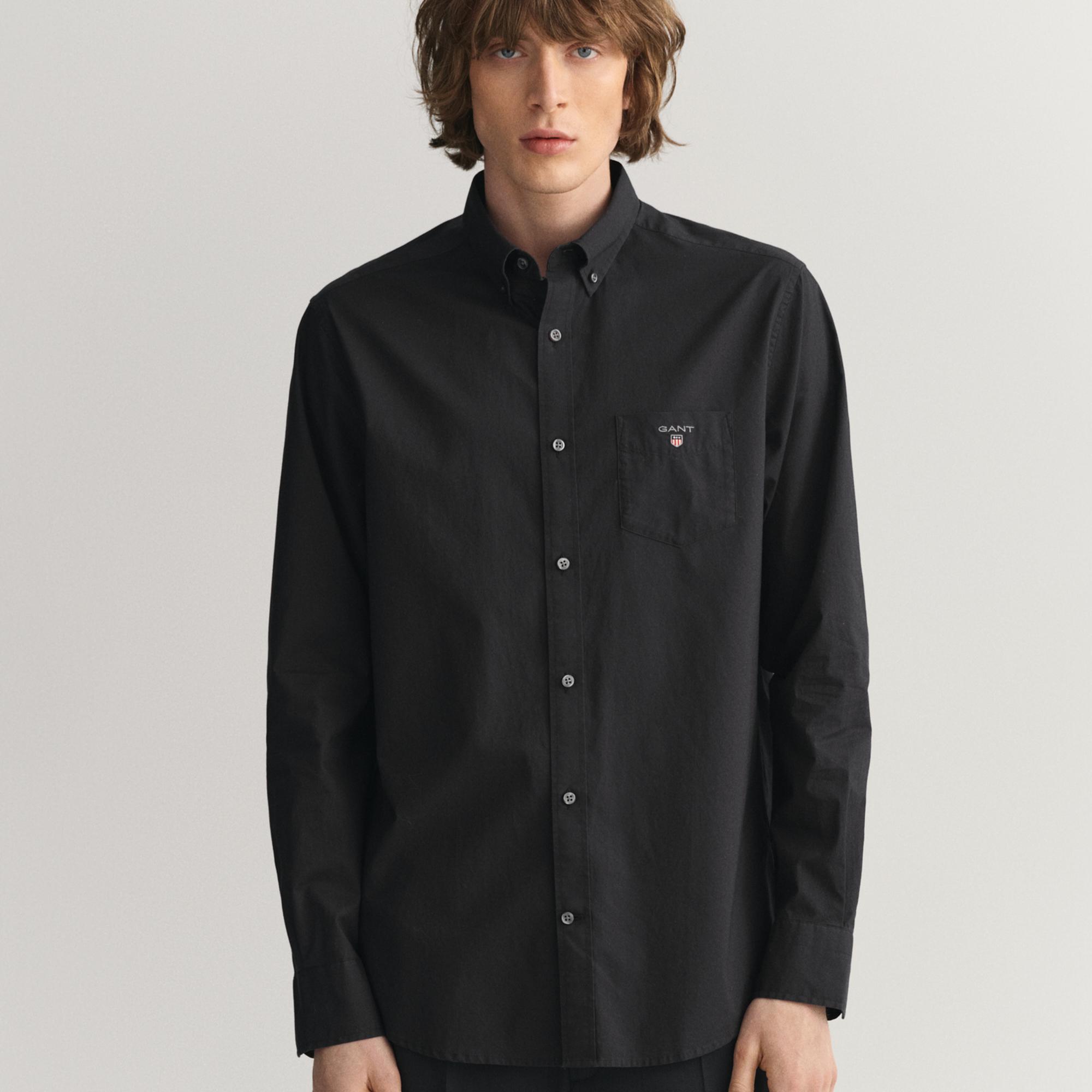 GANT Erkek Siyah Regular Fit Düğmeli Yaka Broadcloth Gömlek
