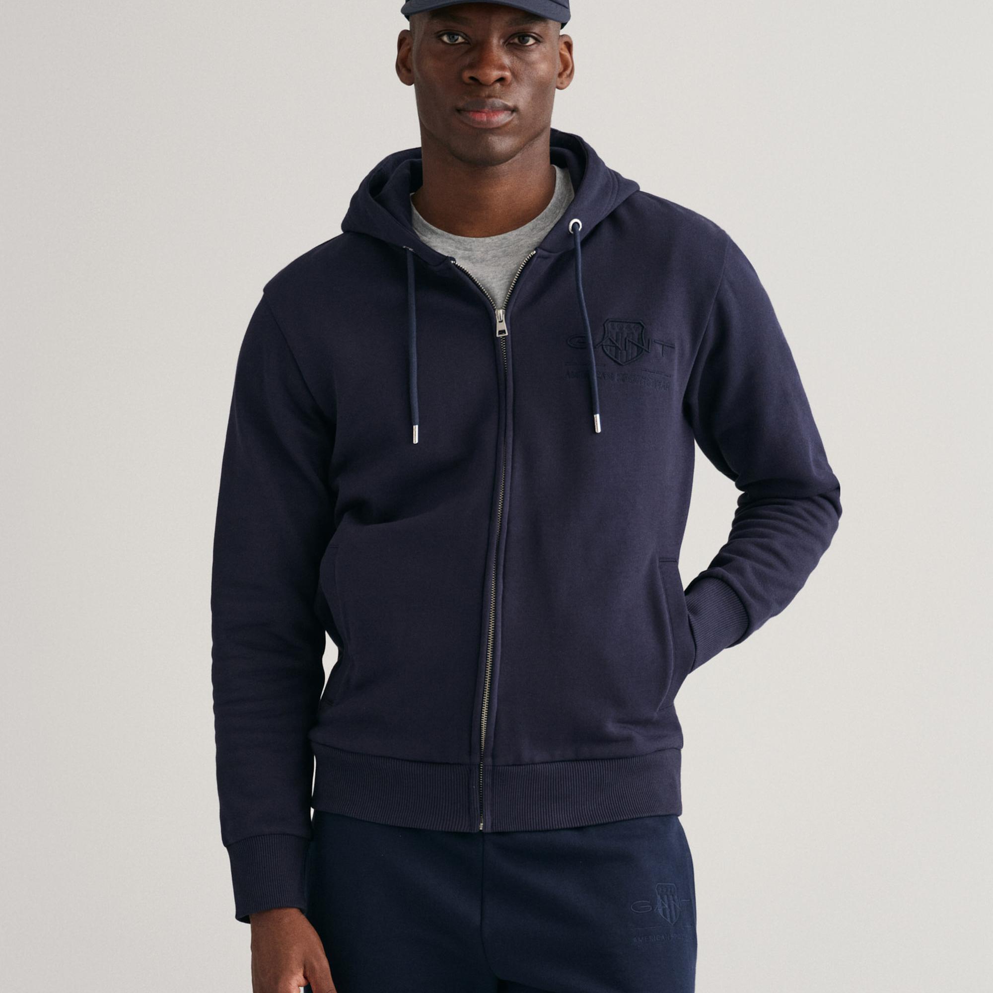 GANT Erkek Lacivert Regular Fit Kapüşonlu Logolu Sweatshirt