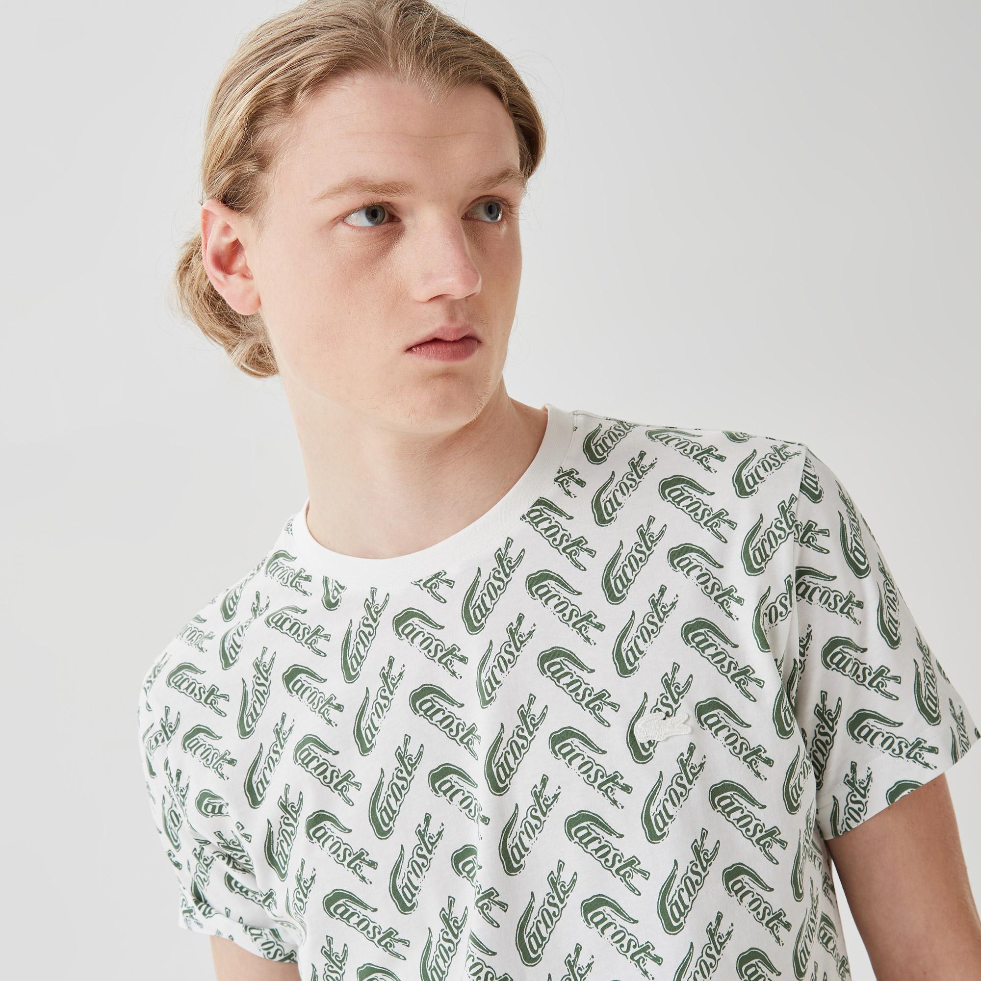 Erkek Slim Fit Bisiklet Yaka Desenli Beyaz T-Shirt