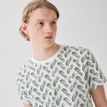  Erkek Slim Fit Bisiklet Yaka Desenli Beyaz T-Shirt