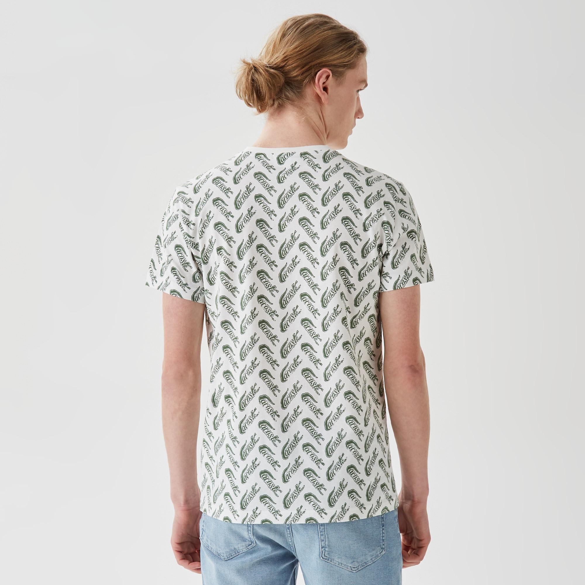 Erkek Slim Fit Bisiklet Yaka Desenli Beyaz T-Shirt