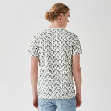  Erkek Slim Fit Bisiklet Yaka Desenli Beyaz T-Shirt