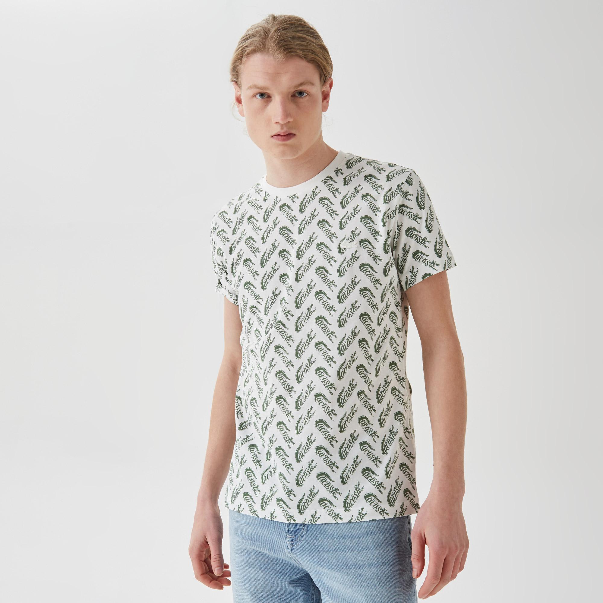 Erkek Slim Fit Bisiklet Yaka Desenli Beyaz T-Shirt