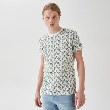  Erkek Slim Fit Bisiklet Yaka Desenli Beyaz T-Shirt