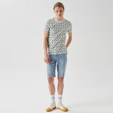  Erkek Slim Fit Bisiklet Yaka Desenli Beyaz T-Shirt