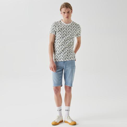  Erkek Slim Fit Bisiklet Yaka Desenli Beyaz T-Shirt