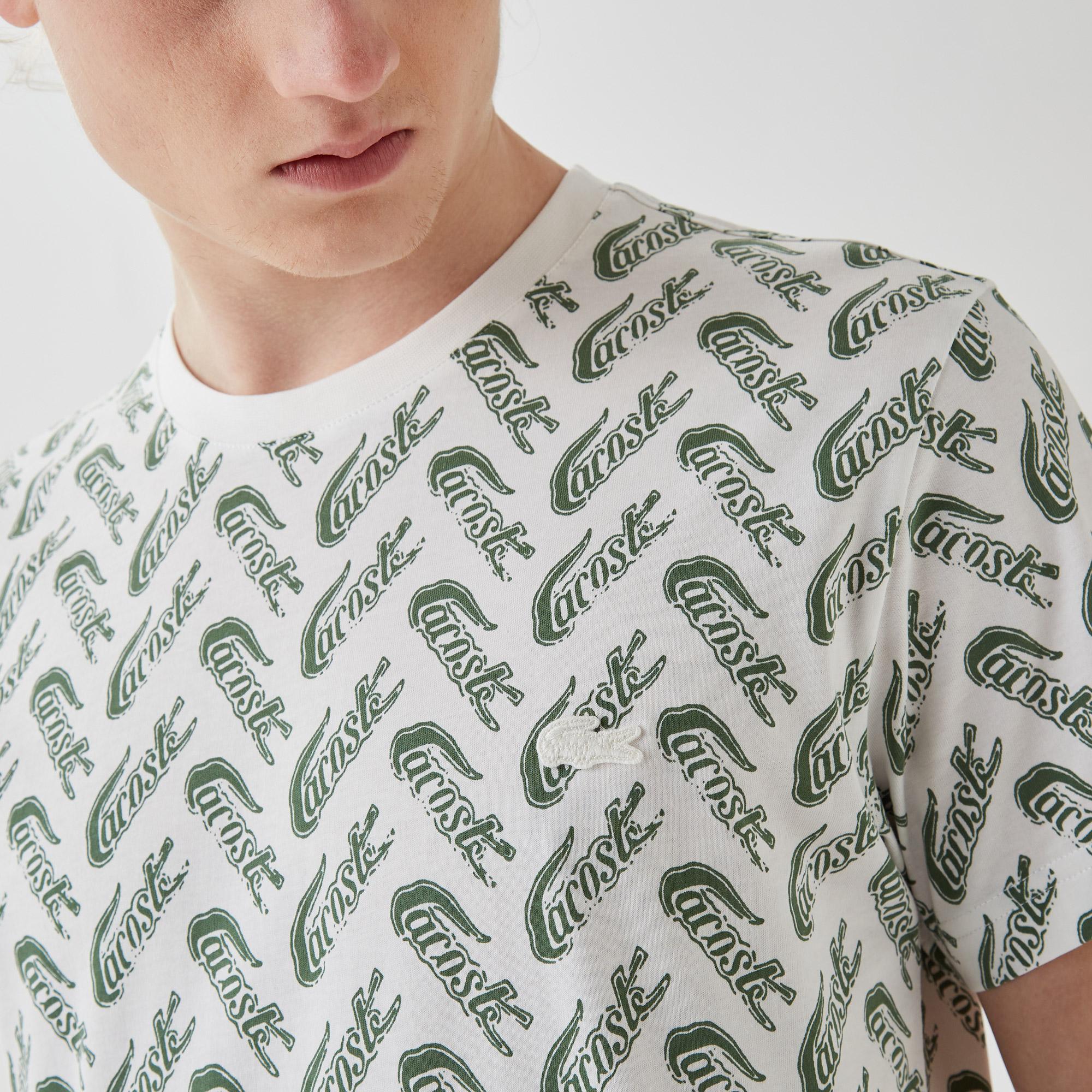 Erkek Slim Fit Bisiklet Yaka Desenli Beyaz T-Shirt