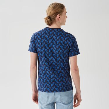 Erkek Slim Fit Bisiklet Yaka Desenli Lacivert T-Shirt