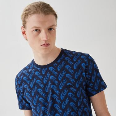  Erkek Slim Fit Bisiklet Yaka Desenli Lacivert T-Shirt