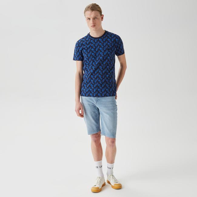  Erkek Slim Fit Bisiklet Yaka Desenli Lacivert T-Shirt