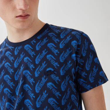  Erkek Slim Fit Bisiklet Yaka Desenli Lacivert T-Shirt