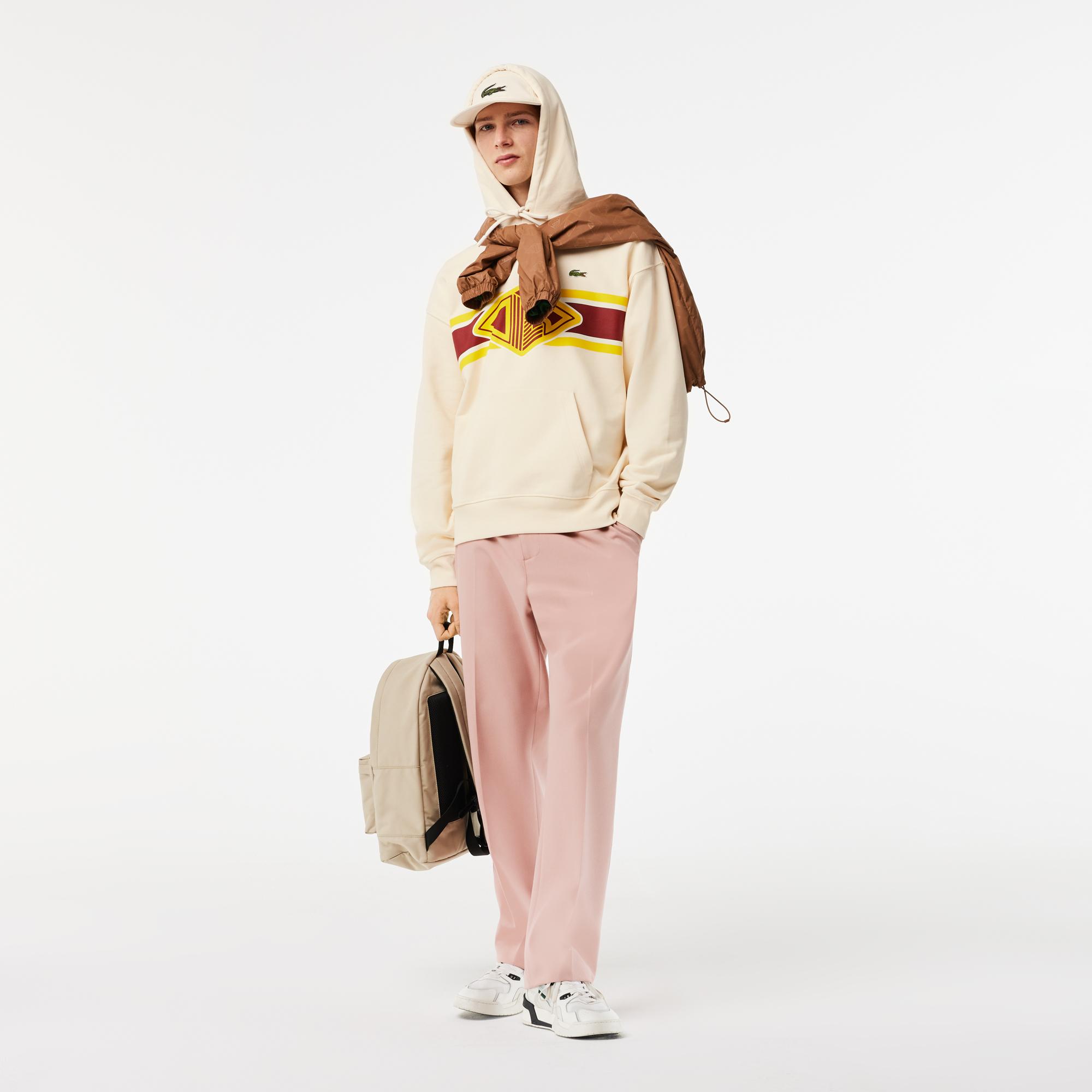 Erkek Loose Fit Kapüşonlu Baskılı Krem Sweatshirt