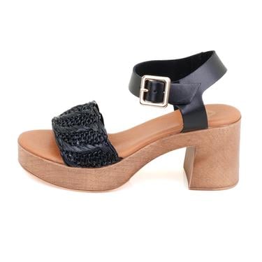  Kadın Siyah Hasır Topuklu Deri Sandalet