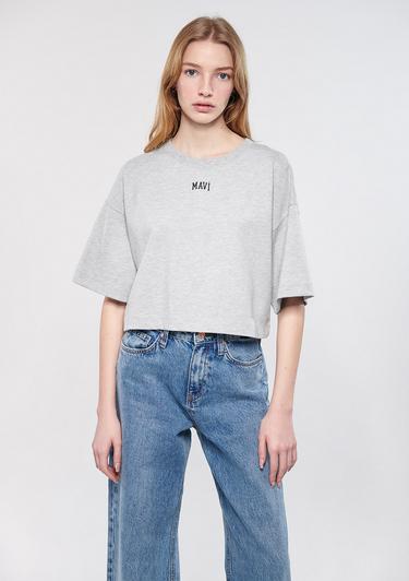  Mavi Mavi Logo Baskılı Gri Tişört Crop / Kısa Kesim 1611585-82816