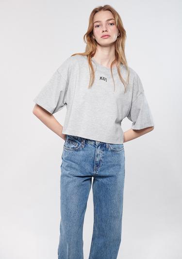  Mavi Mavi Logo Baskılı Gri Tişört Crop / Kısa Kesim 1611585-82816