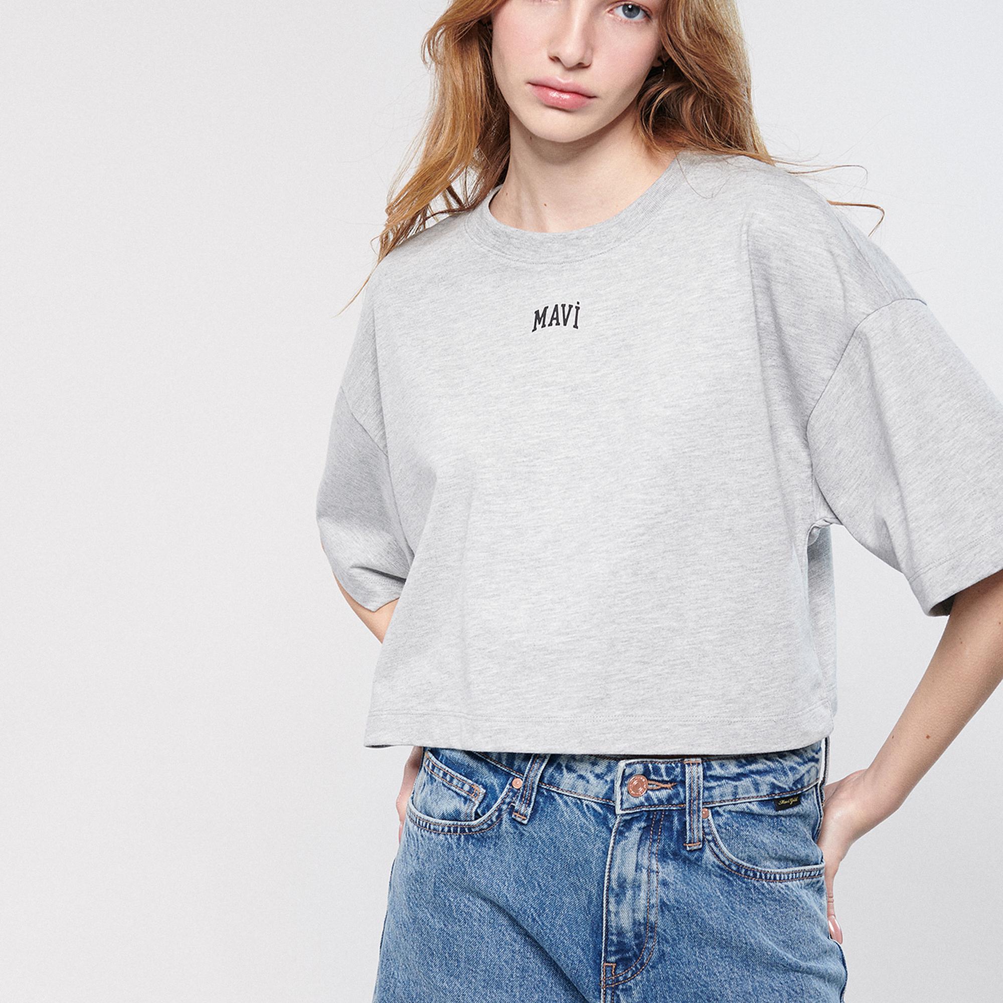 Mavi Mavi Logo Baskılı Gri Tişört Crop / Kısa Kesim 1611585-82816