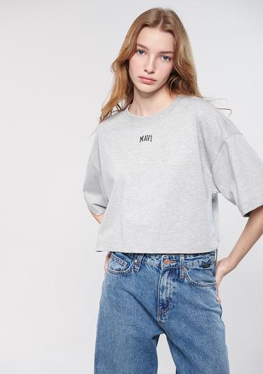  Mavi Mavi Logo Baskılı Gri Tişört Crop / Kısa Kesim 1611585-82816