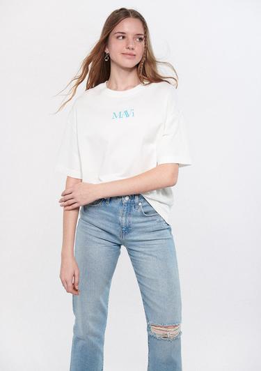  Mavi Mavi Logo Baskılı Beyaz Tişört Oversize / Geniş Kesim 1611593-70057